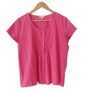 Eileen Fisher Pink Pintuck Short Sleeve Blouse Large Petite Cotton Breezy